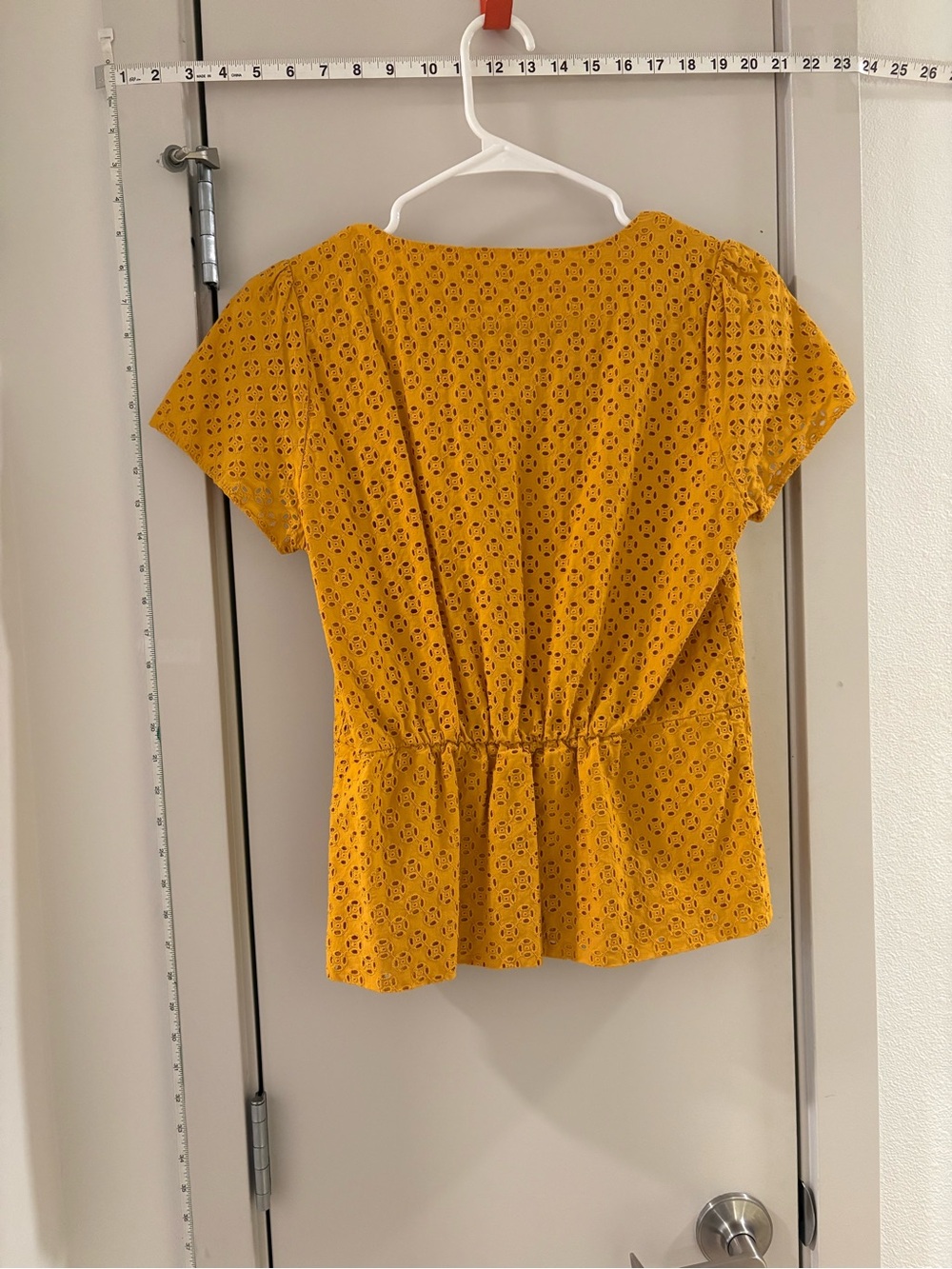LOFT Mustard Yellow Eyelet Button-Front Peplum Top - Picture 2 of 2